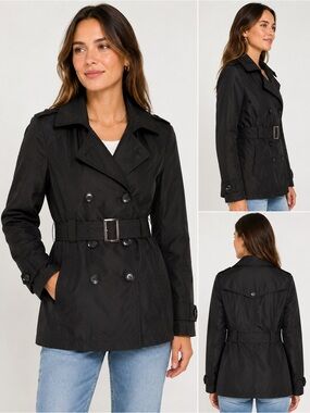 Majora Black Belted Double Breasted Trench Jacket Womens L